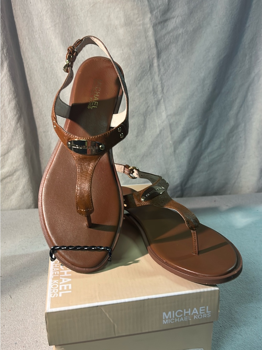 Michael Kors Brown Leather T-Strap Sandals